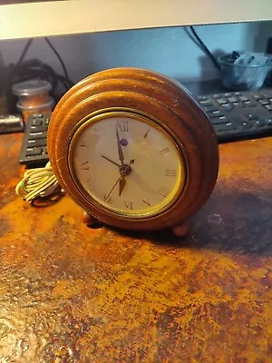 Vintage Telechron Electric Alarm Clock Wood Desktop Round Model 7H133 WORKS WELL • $28