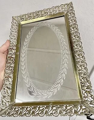 Vintage Victorian Style Metal Framed Decorated Mirror Tray Jewelry Holder NLHB • $20