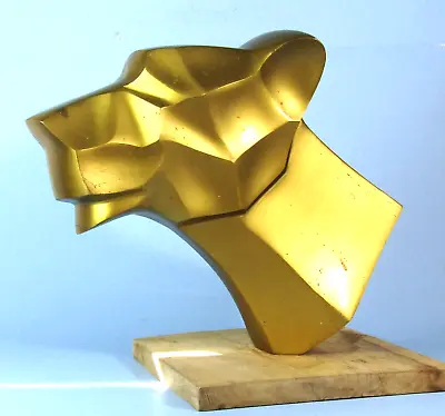 ABSTRACT CUBIST STYLE COUGAR LION PANTHER HEAD GOLD METAL SCULPTURE On WOOD BASE • $96