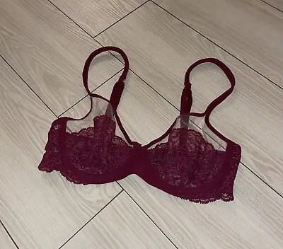 La Perla Lace Mesh Unlined Unpadded Underwire Bra Womens 32C Red Wine • $49.95