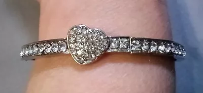 Vintage Clear Rhinestone Pave Heart Stretch Bangle Bracelet Silver Tone Metal • $11.95