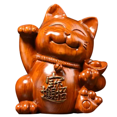 Fortune Rosewood Carved Maneki Neko Statue Lucky Cat Feng Shui Decor Art • $75