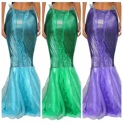 US Womens Halloween Mermaid Costume Shiny Metallic Princess Fish Tail Maxi Skirt • $22.64