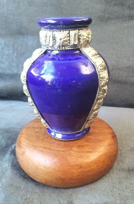 £11.97 • Buy Vintage ~ Moroccan ~ Asian ~ Indian ~ Cobalt Blue Ceramic Vase With Metal Detail