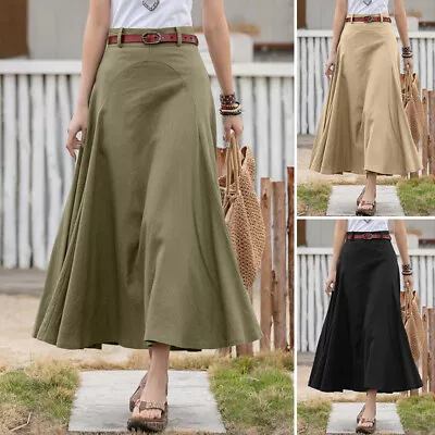 UK Womens Summer Solid Long Dress Elastic Waist Pleated Bohemia Beach Maxi Skirt • £9.64