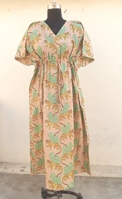 $41.83 • Buy Indian Cotton Beige Tiger Women Clothing Kaftan Maxi Bridal Night Wear Maxi Gown