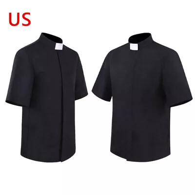 US Men's Short Sleeves Tab Collar Clergy Shirt Halloween Blessed Priest T-Shirt • $16.59