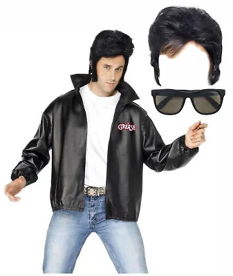 Mens Danny Grease T Bird 50s 1950s Black Jacket Fancy Dress Costume Wig Shades • $63.72