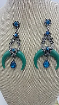 Green Horne Art Deco Blue Eye Sapphire Like Drop Earrings Free Shipping 4  Long • $5