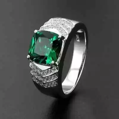 2.20Ct Cushion Cut Lab-Created Green Emerald Men's Ring 14k White Gold Plated • $106.59