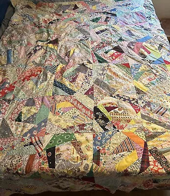 Antique Vintage Crazy Quilt C1930’s Hand Made W/ Twin Knots 81” X 73” • $129.95