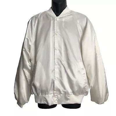 Vintage Hartwell Satin Bomber Jacket Large 42-44 White Snap Front Lions Softball • $39