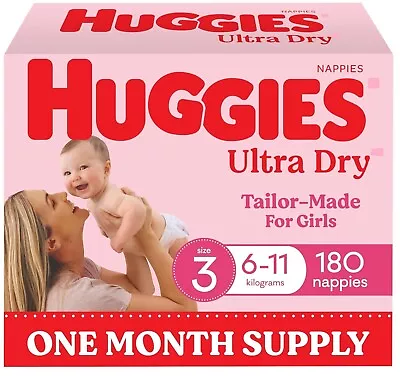 Huggies Ultra Dry Nappies Girls Size 3 (6-11kg) 180 Count - One Month Supply • $88.25