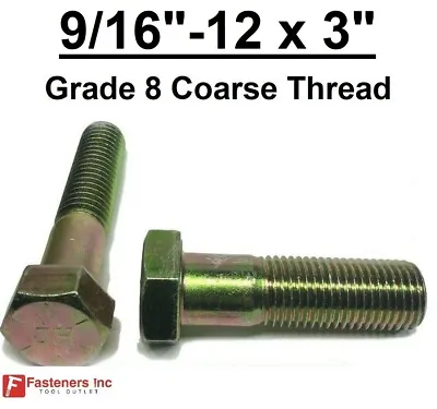 9/16-12 X 3  Hex Bolt Yellow Zinc Plated Grade 8 Cap Screw Coarse Thread • $10.58