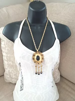 Large Etruscan Goldtone Chain Necklace Vintage With Black Cabachon Dangles • $15