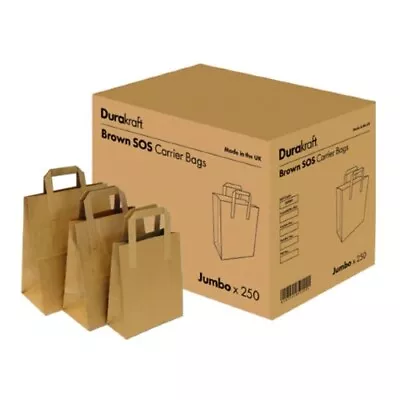 Paper Carrier Bags SOS Food Takeaway Brown Kraft With Flat Handle | 3 Sizes • £4