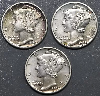 1942-PDS 10C MERCURY SILVER DIMES KM# 140 Grade:  AU/BU A1249 • $0.99