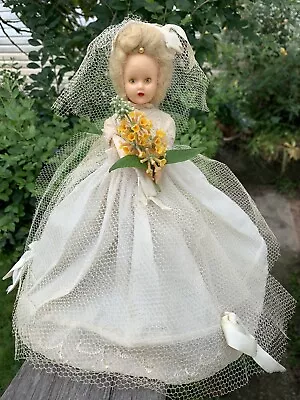 Stunning Vintage Doll Bride 20cm Hard Plastic Celluloid? Blue Eyes Mohair Wool • $30