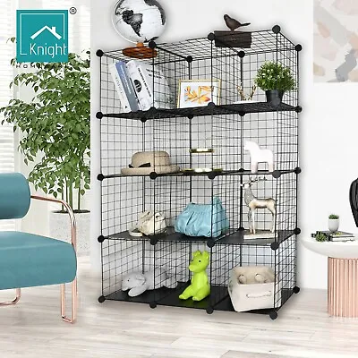 9 & 12 Cube Interlocking Storage Rack With Metal Wire Mesh Shelves Black • £34.99