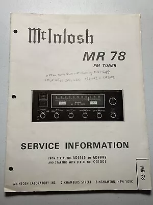 McIntosh MR78 MR-78 FM Tuner Service Information Original Manual Vintage CG1001 • $24.99