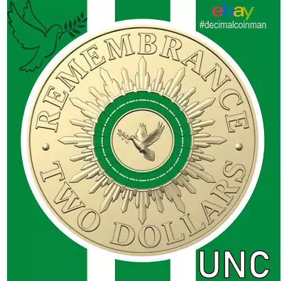 🟢 1 X UNC 2014  Green Dove  - Remembrance Day - $2 Two Dollar Coin • $56.99