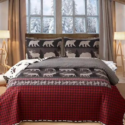 Queen Size Quilt Set Rustic Quilt Full/Queen (90 *90 ) Red Black Buffalo Bear • $54.20