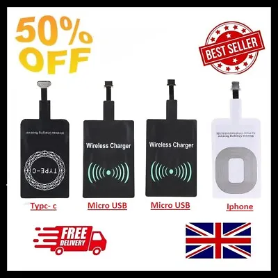 QI Wireless Charging Receiver IPhone Mobile USB-C Micro Android Charger Adapter • £3.89