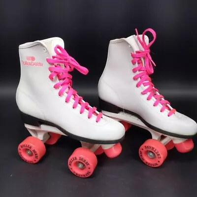 Roller Derby Vintage Roller Skates Womens Size 5 White Hot Pink Wheels And Brake • $39.95