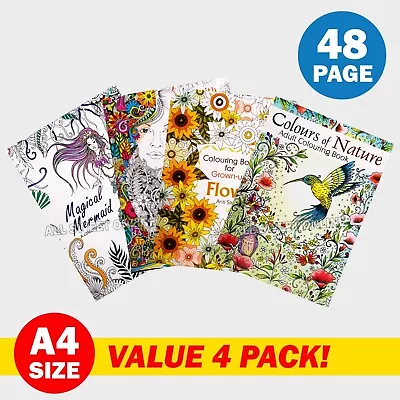 4PK Adult Colouring Book De-stress A4 Size Nature Animal Birds Flowers 48 Pages • $34.95