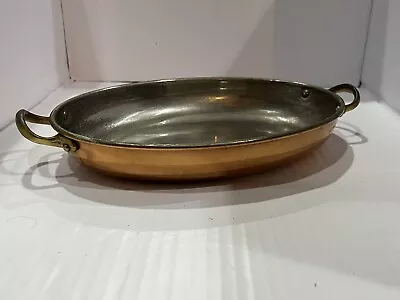 Vintage 10” Oval Copper Au Gratin Pan Copper  Brass Cast Handles Natural Patina • $38.45