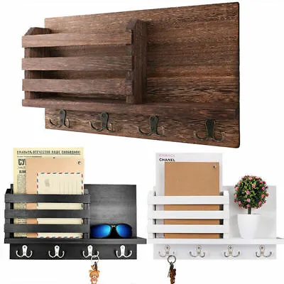 Wall Mount Mail & Key Holder Organizer With 8 Key Hooks Shelf Mail Sorter Wooden • $28.99