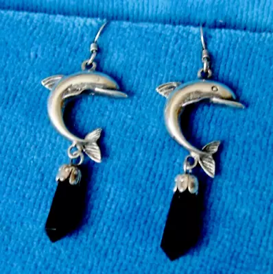 Vintage Earrings Sterling Silver 925 Germany Obsidian Dolphin Women's Jewelry • $86
