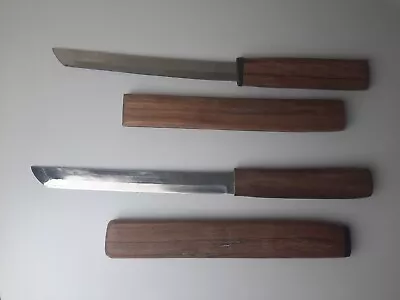 Set Of 2 Vintage 12 Inch Hand Made Katanas With Wooden Handles And Sheaths  • $34.95