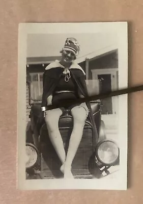 Vintage 1910s Girl In Bathing Suit & Cape Sits On Ford Auto Car Photo • $12