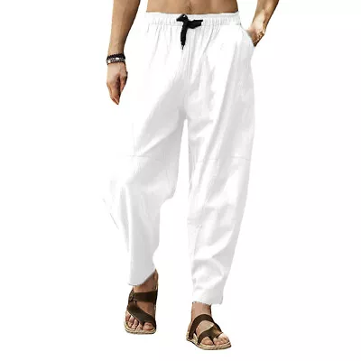 Spring Mens Casual Solid Tapered Trousers Cotton Linen Baggy Loose Pants Beach • $18.17