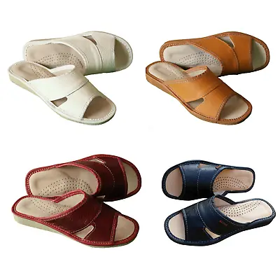 Women's 100% Natural Leather Slippers Mules Slip On Open Sandals Slide Size 3-8 • £14.19