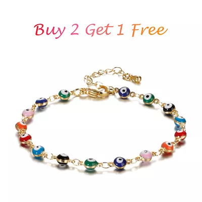 $7.99 • Buy Gold Stainless Steel Enamel Evil Eye Bead Lobster  Adjustable Chain Bracelet 9PC