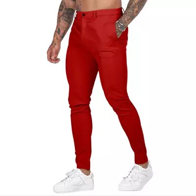 Mens Chino Pants Cotton Stretch Slim Fit Belt Zip Fly Trouser Casual Work School • $24.89