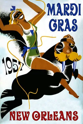 Mardi Gras New Orleans Vintage Poster 1957 Walrus And Lady Reproduction FREE S/H • $17.90