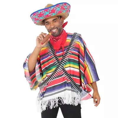 Blue Mexican Bandit Costume Poncho Sombrero Tash Cigar Bullet Belts Fancy Dress • £24.99