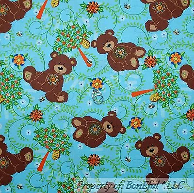 BonEful Fabric Cotton Quilt Blue Bear Flower Easter Bumble Bee Hive Tree 1 SCRAP • $0.99