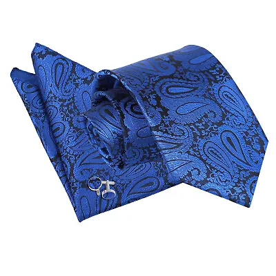 Mens Tie Hanky Cufflinks Set Floral Paisley Royal Blue Classic Skinny By DQT • £10.99