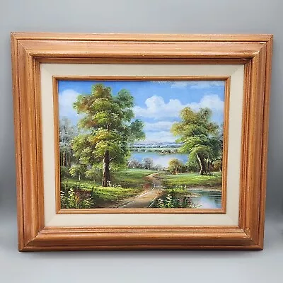 Vintage Oil Painting On Canvas Signed C. Freeman Wood Frame Landscape Lake Pond • $62.95