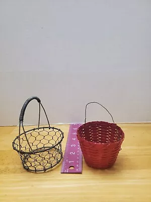 Vintage Small Metal Chicken Wire Basket 4.25” And Red Wicker Basket. 2.125” • $10