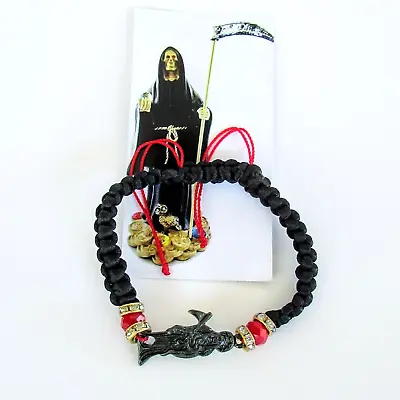 Pulsera Negra La Santa Muerte De Hilo / Adjustable Holly Death Bracelet Black • $12.99