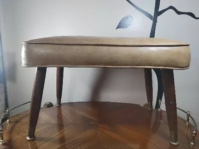 Mid-Century Modern Vintage Beige Vinyl Rectangular Footstool Ottoman Brass Caps • $130