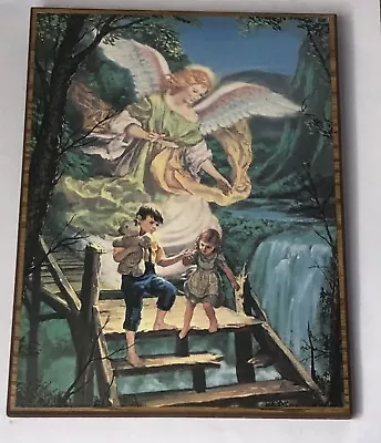 Vintage Litho Print On Wood Guardian Angel Protecting Children Bridge Plaque • $13.45