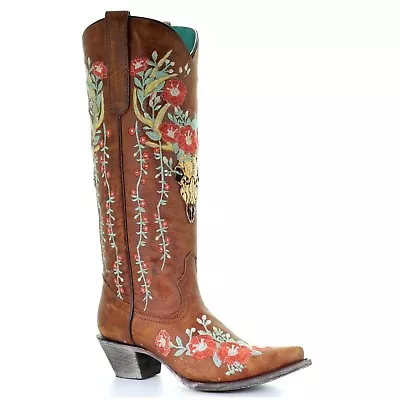 Corral Ladies Tan Deer Skull Overlay & Floral Embroidery Boots A3620 • $189.97