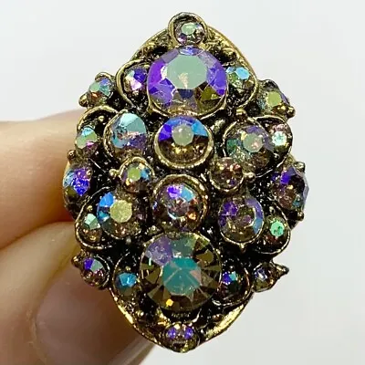 Vtg Rhinestone Ring Aurora Borealis Pave Glass Statement Cocktail Goldtone Sz 5  • $11.96