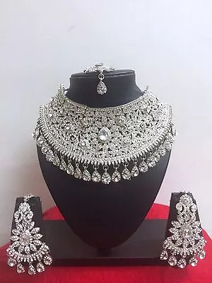 $38.49 • Buy Indian Bollywood Style Fashion Rhodium Plated Bridal Jewelry Necklace Set 